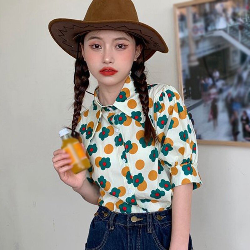 Camicette da donna camicia in Chiffon a maniche corte con stampa floreale dolce camicie stile coreano 2021 moda manica a sbuffo bavero top da donna