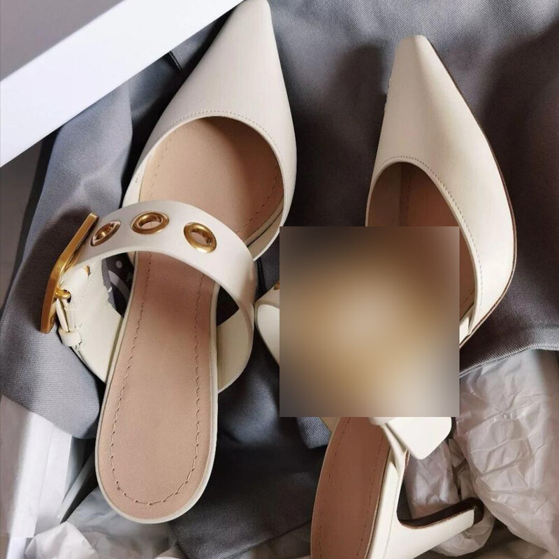 Kmeioo 2021 Hot Koop Fashion Schoenen Wees Teen Muilezels Vrouwen Zomer Mule Sandalen Gesp Med Hakken Mule Slides Vrouwen Carrière schoenen