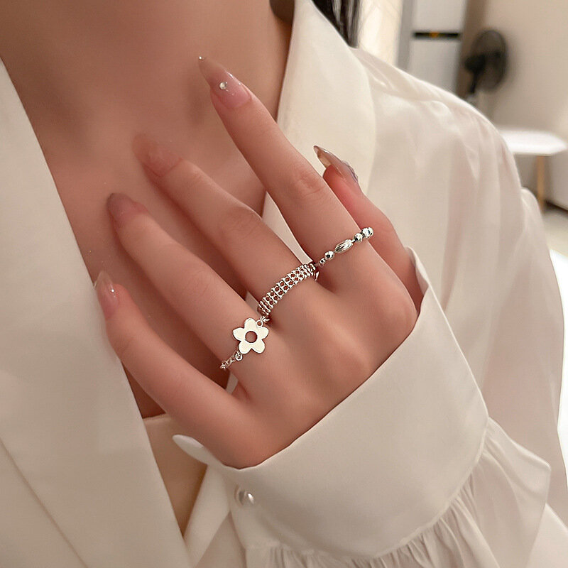 Women's Fashion Simple Silver Color Soft Chains Rings Flower Beads Rhinestone Adjustable Rings Cocktail Party Jewelry Gifts