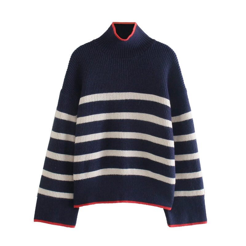 SLMD – pull rayé à manches longues et demi-col roulé pour femme, chandail en tricot ample, Vintage, à la mode, 2021