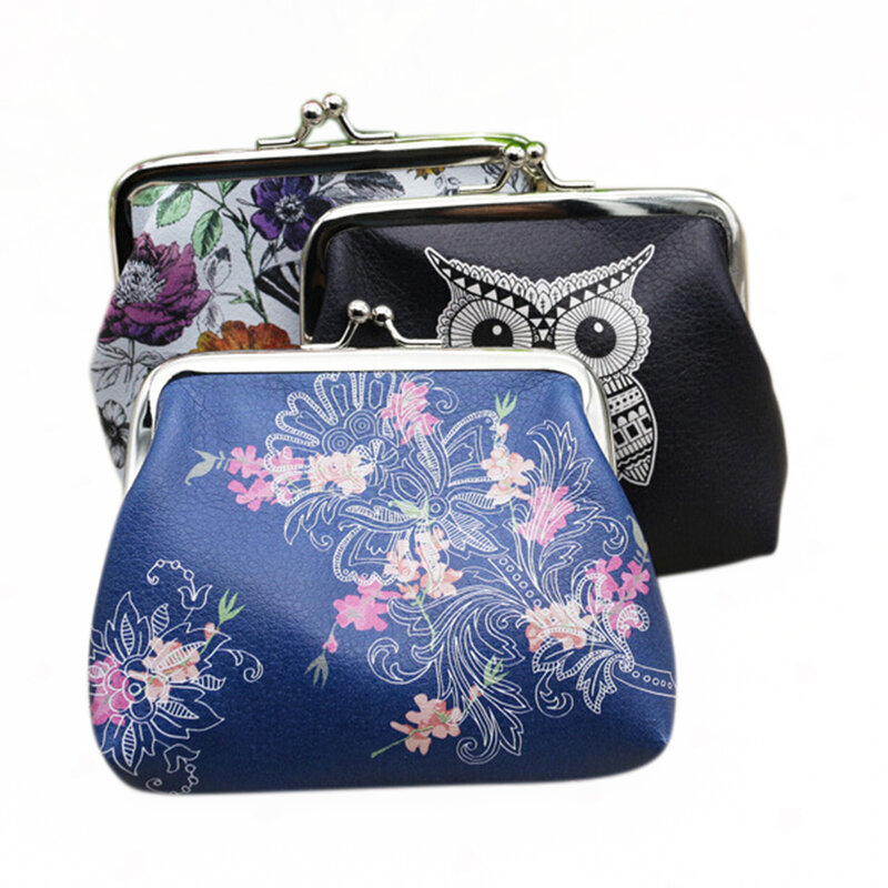 Mini billetera de búho con flores azules para mujer, tarjetero, monedero, bolso de mano