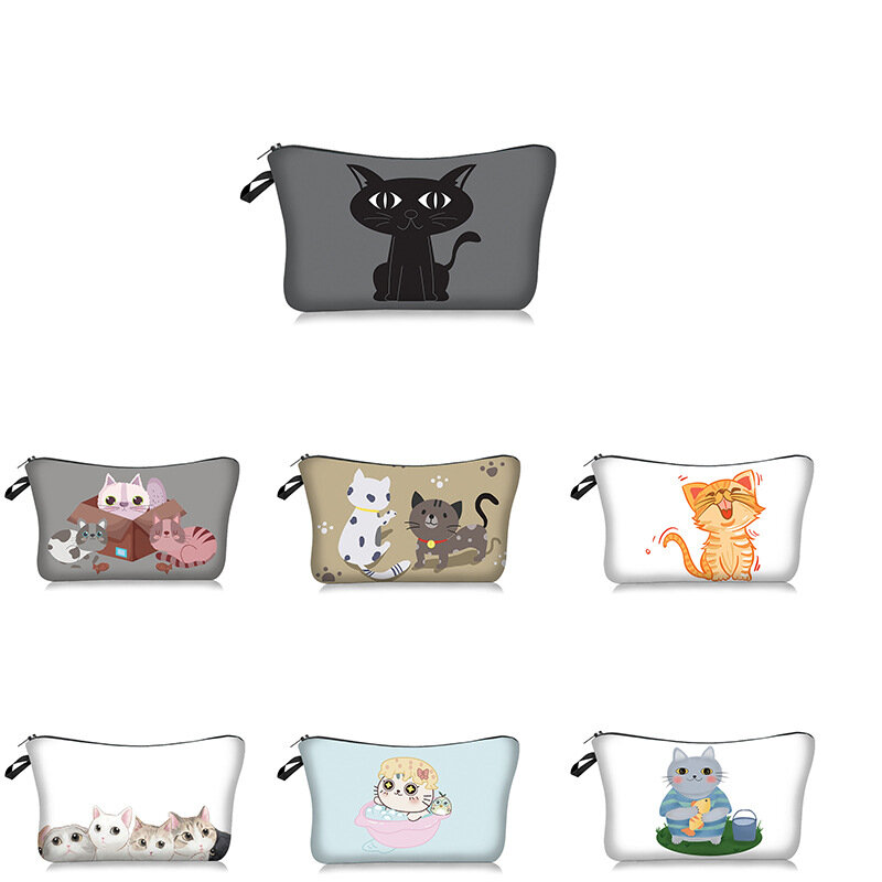 Bolsa de almacenamiento de cosméticos con patrón de gato, organizadores de maquillaje con cremallera, bolsas de lavado portátil, bolso de viaje