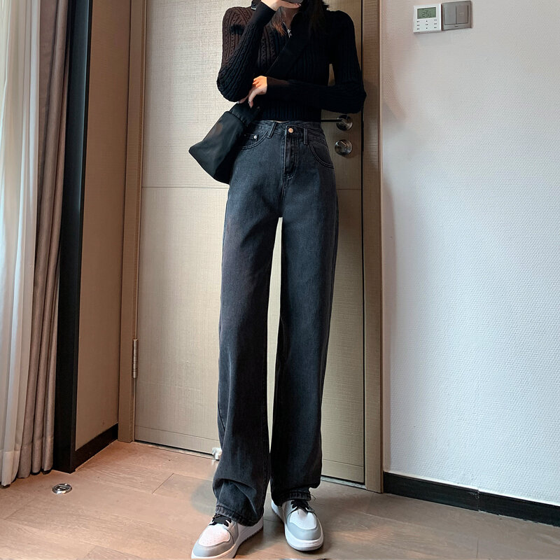 Mulheres outono cruz de cintura alta jean pant perna reta calças do vintage streetwear casual solto elegante jeans femme
