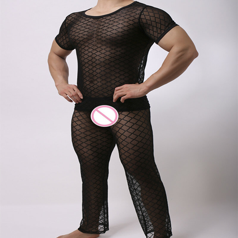 Mode Mannen Mesh Argyle Transparante Slaap Pyjama Sets Sexy Bodybuilding Korte T Shirts En Lange Broek