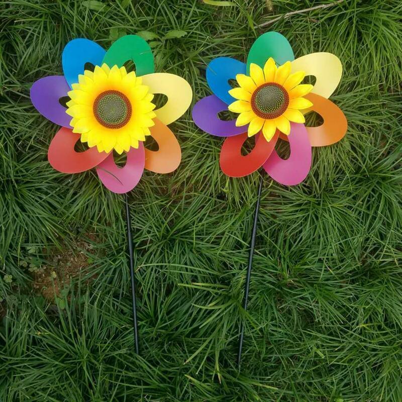 1 Set 풍차 역동적 인 색상 독특한 모양 플라스틱 무지개 꽃 문자열 바람개비 어린이 핀 휠 야외 장난감 홈 장식