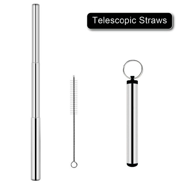 Reusable Stainless Steel Straws, Three-Section Adjustable Telescopic Straight Straw Set with Cleaning Brush for Water, Coffee