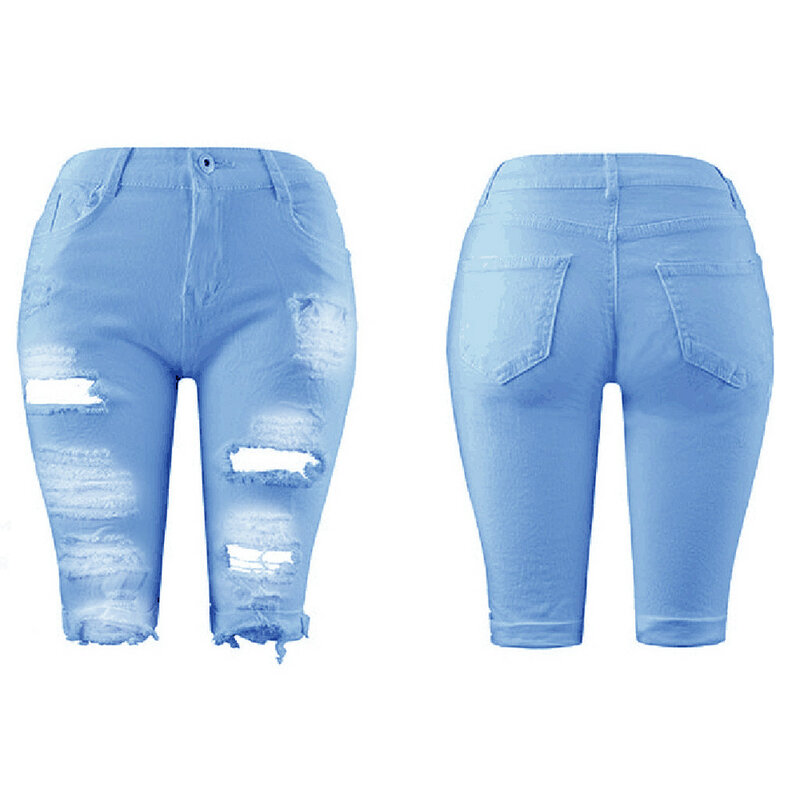 Женские Эластичные Капри, отбеленные леггинсы с вырезами, короткие брюки, летние джинсовые шорты, рваные Джинсы, спортивные брюки