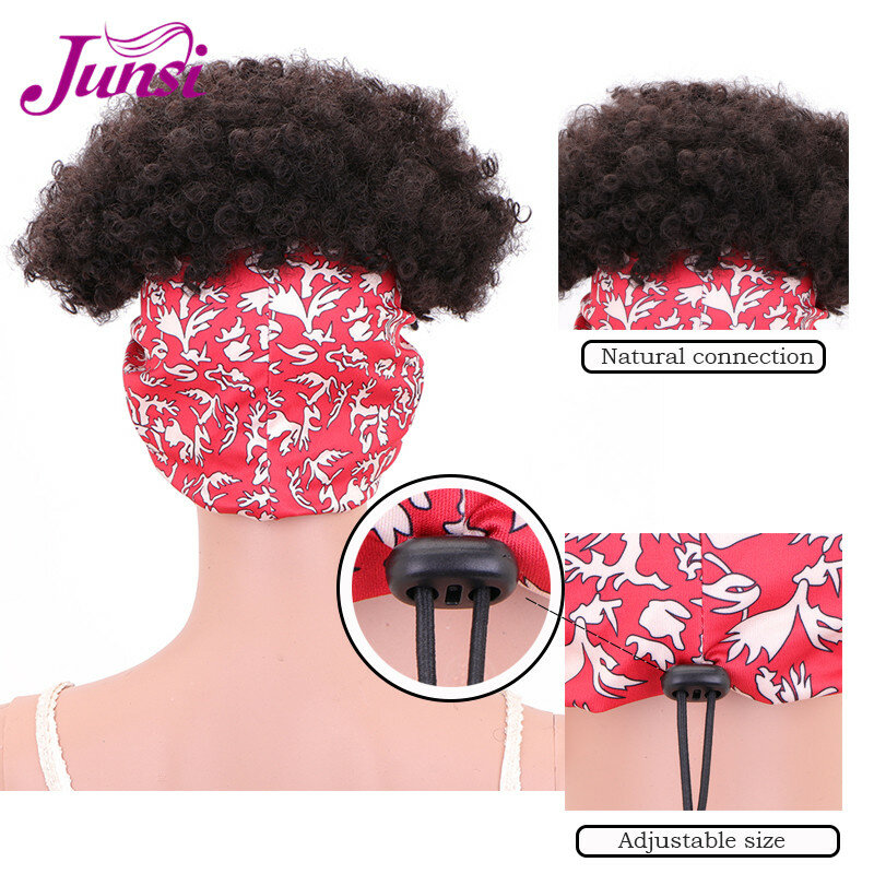 JUNSI  Drawstring High Puff Turban Ponytail Synthetic Short Afro Kinky Curly  Head Wrap  2 in 1 Headband Wig