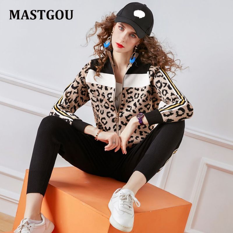 Mastgou leopard 2 peças conjuntos de roupas femininas fatos de treino primavera com zíper cardigan camisola + capri harem calças femininas conjuntos