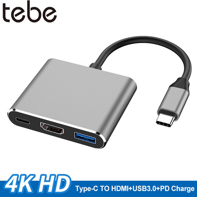 Tebe Type-c HUB USB C Ke HDMI-Kompatibel 3 IN 1 Kepala Konverter 4K HDMI USB 3.0 PD Adaptor Pintar Pengisian Cepat untuk MacBook