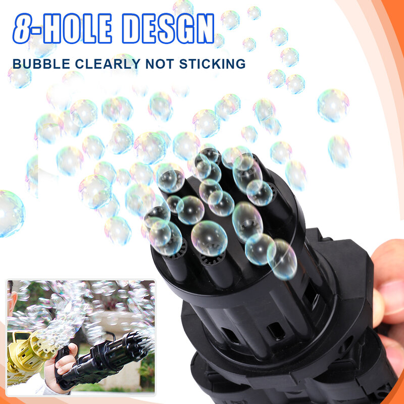 Pistolas de burbujas Gatling automáticas para niños, máquina de burbujas eléctrica para exteriores, juguetes para niños y niñas, regalo de cumpleaños, 8 agujeros
