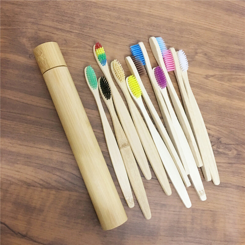 Bambu natural escova de dentes tubo de bambu macio lidar com escova de dentes de bambu caso adulto bambu com caixa de dentes proteção
