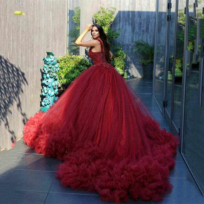 Puffy Prom Dresses Spaghetti Appliqued Lace Beads Ruffles Tulle Chic Evening Dresses Sweep Train Custom Made Muslim Gowns