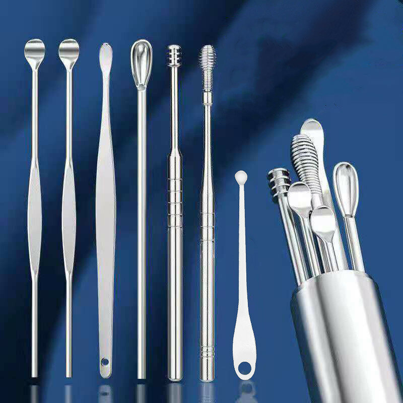 6/7piece set of stainless steel earwax collector spiral turn ear pick ear spoon cleaning portable ear clip set ear cleaning tool