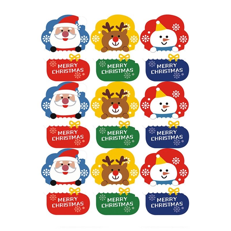 10 Sheets 90Pcs Merry Christmas Stickers Cartoon Santa Claus Elk Snowman Pattern Adhesive Labels Tags for Envelopes Seal Gift
