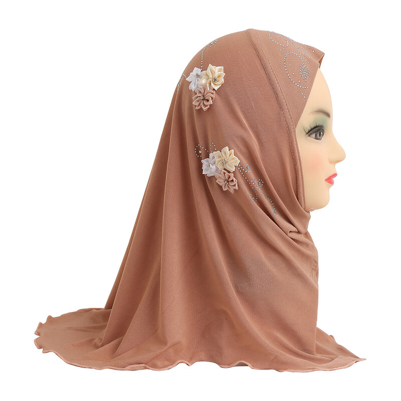 H075 bela menina pequena al amira hijab com flores artesanais caber 2-6 anos de idade crianças puxar no envoltório de cabeça lenço islâmico