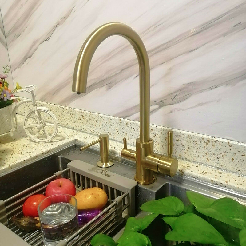 Vouruna-Mezclador de fregadero de agua potable, grifo de cocina de tres vías con filtro de flujo triple, color dorado cepillado