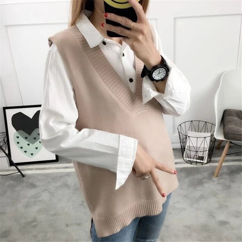 Women V Neck Sweater Vest Korean Preppy Style Solid Knitted Sleeveless Sweater Female Autumn Winter Casual Loose Pullover Jumper