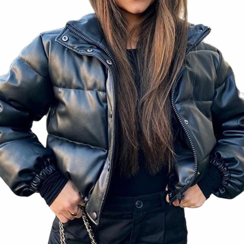 겨울 파카 코트 여성 자켓 두꺼운 따뜻한 여성 패션 블랙 PU 가죽 우아한 지퍼 가짜 탑스