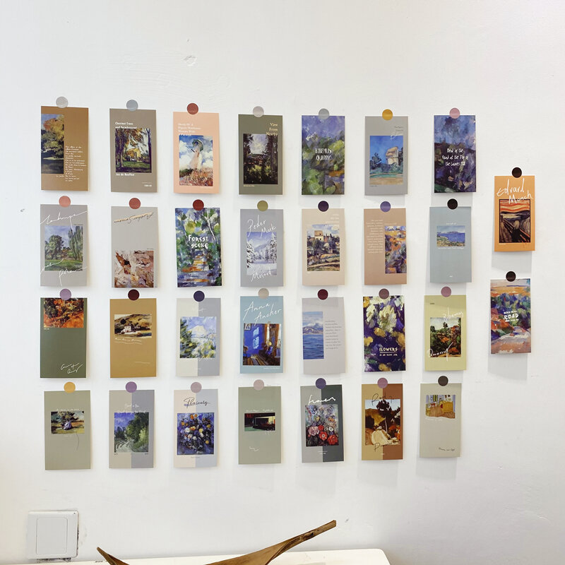 30 arkuszy Ins sztuka Retro dekoracyjne karty świat znane obrazy pocztówki zakładki Diy wyposażenia domu naklejka ścienna w tle