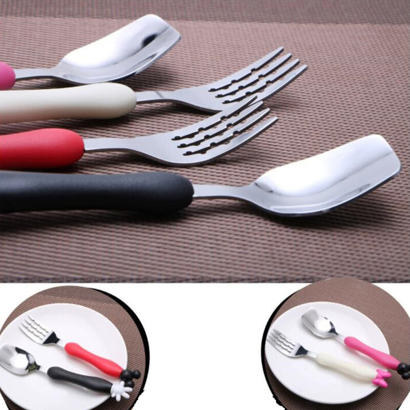Set di cucchiai per forchetta per bambini Cartoon Set di stoviglie per bambini portatili in acciaio inossidabile modello topolino cucchiaio per forchetta da allenamento per bambini