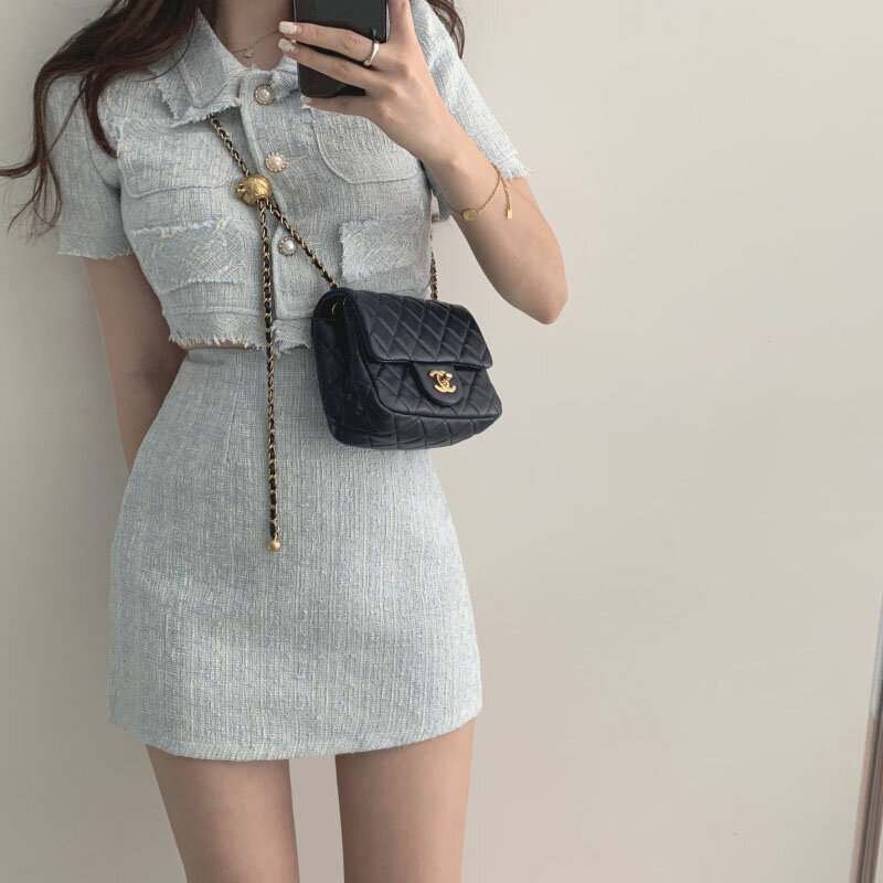 Conjunto de dos piezas de verano para mujer, top de manga corta y minifalda ceñida de cintura alta, estilo coreano