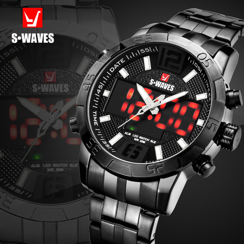 S waves podwójny wyświetlacz zegarek mężczyźni LED odporny na działanie wody Relogios Masculino kwarcowy ze stali nierdzewnej wojskowe mężczyźni zegarki sportowe z pudełkiem