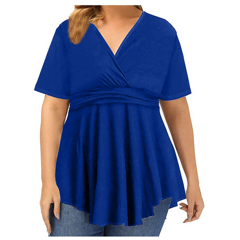 Blusa De talla grande con manga corta y cuello en V para verano, camisa plisada con dobladillo para Mujer, 2021