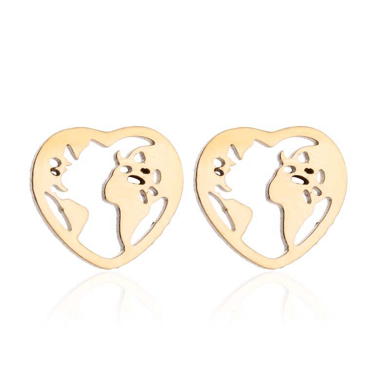 FENGLI orecchini in acciaio inossidabile con cuore cavo mappa del mondo per le donne Mickey Wave Cat orecchini a bottone gioielli per ragazze accessori per bambini