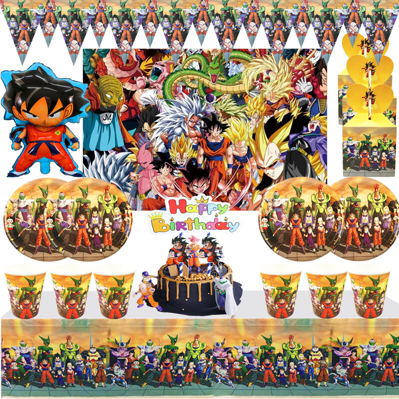 Artículos de fiesta de Son Goku para niños, vajilla de dibujos animados, plato de papel, servilleta, mantel, pajitas, decoración para fiesta de cumpleaños