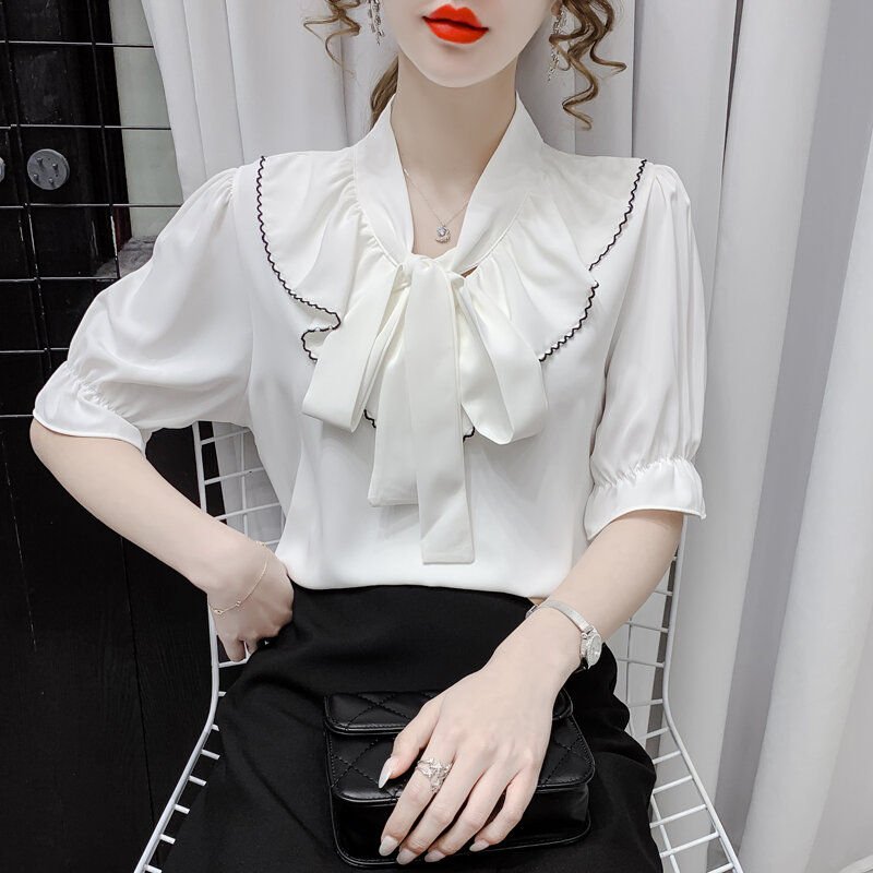 Camisa feminina de chiffon com laço, camiseta francesa casual para mulheres, manga curta de verão 2021