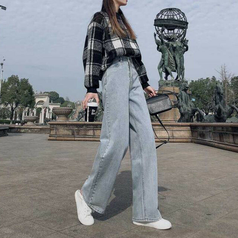 Mulher calças de brim cintura alta roupas perna larga denim azul streetwear vintage qualidade 2020 outono moda harajuku calças retas