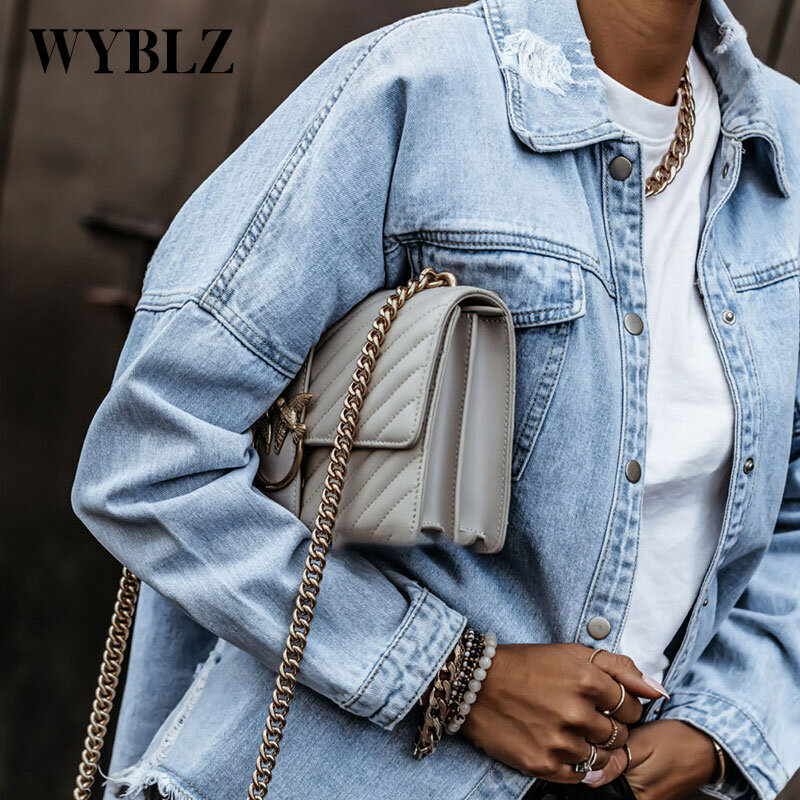 WYBLZ سترة الدنيم للنساء 2021 موضة كورية جديدة المتضخم الدنيم معطف الإناث فضفاضة طويلة الأكمام ملابس خارجية المرأة الستر