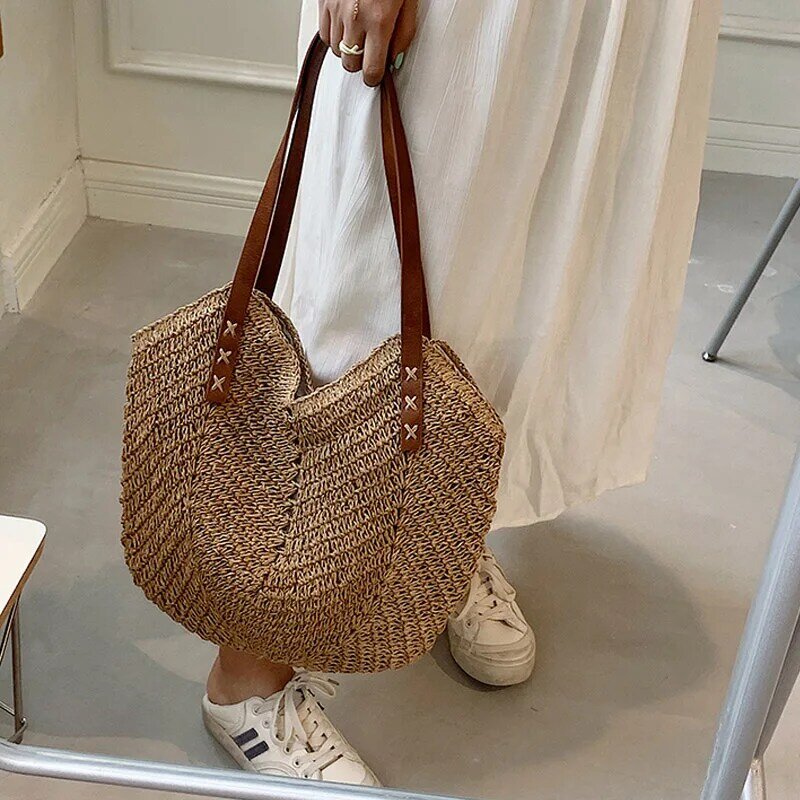 New Summer Fashion Hand-Woven Women's Shoulder Bags Large Capacity Straw Beach Totes Bag Female Travel Weaving Shopping Handbags