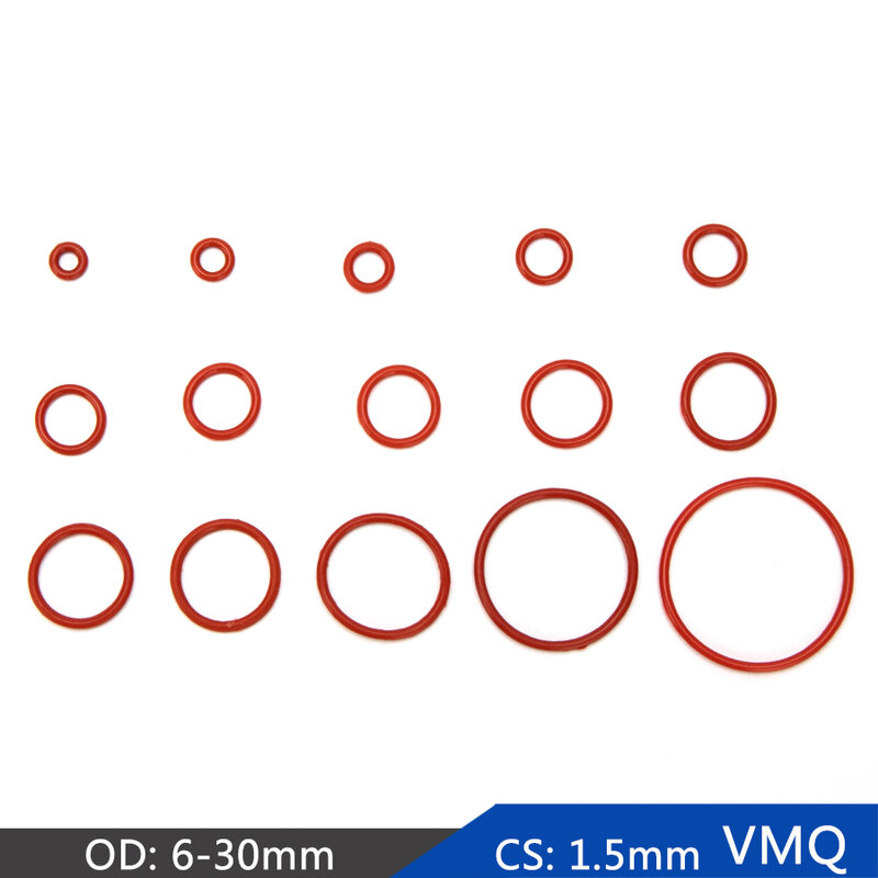 VMQ-junta tórica de sellado de goma de silicona, repuesto de juntas Rojas, arandela OD 6mm-30mm CS 1,5mm, accesorios de bricolaje S93, 50 piezas