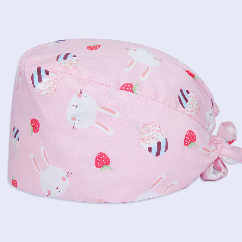Rabbit Strawberry Print Scrub Caps Pattern Dental Nursing Pink Scrubs Hats Veterinary 100% Cotton Beautician Chef Skull Cap
