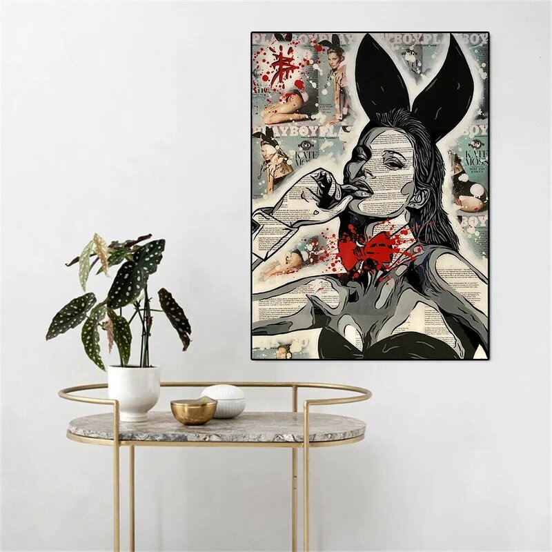 البوب الفن امرأة جميلة الأرنب فتاة المشارك طباعة على قماش اللوحة ديكور المنزل جدار صورة فنية لغرفة المعيشة بدون إطار
