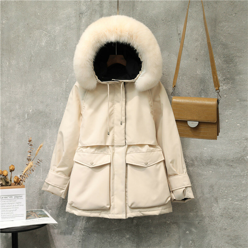 Jaket Tebal Wanita 90% Pakaian Luar Wanita Parka Hangat Tebal Putih Mantel Musim Dingin Bertudung Bulu Rubah Rakun Alami Besar
