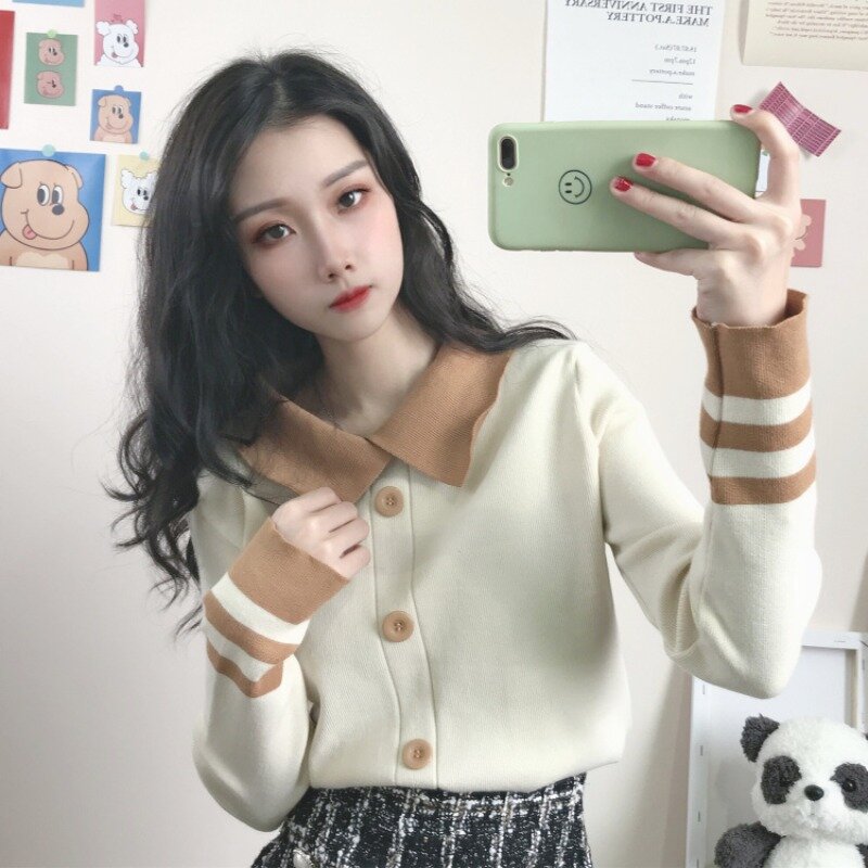Wiosenna i jesienna długa koszula damska z długim rękawem 2021 nowy koreański styl dopasowana krótka dzianina damska kołnierzyk dla lalek cienki