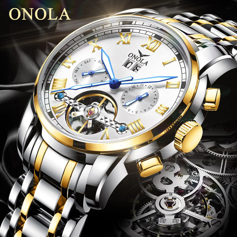 ONOLA-reloj mecánico automático de acero inoxidable para hombre, pulsera de cuero genuino con mecanismo Tourbillon, de negocios, a la moda