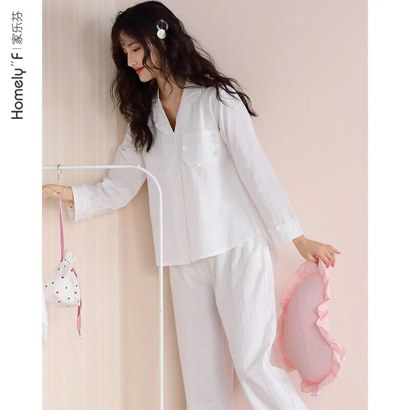 Pijamas femininos primavera verão algodão manga comprida roupa de casa primavera e outono fina branca fofo estilo japonês estilo princesa