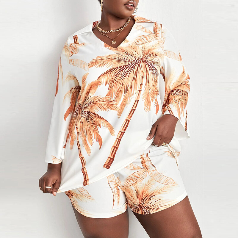 Plus Size Coconut Tree Print Top Vintage Flare Sleeve Blouse Shirt  Single Breasted Women Top Oversize Turn Down Collar Shirts