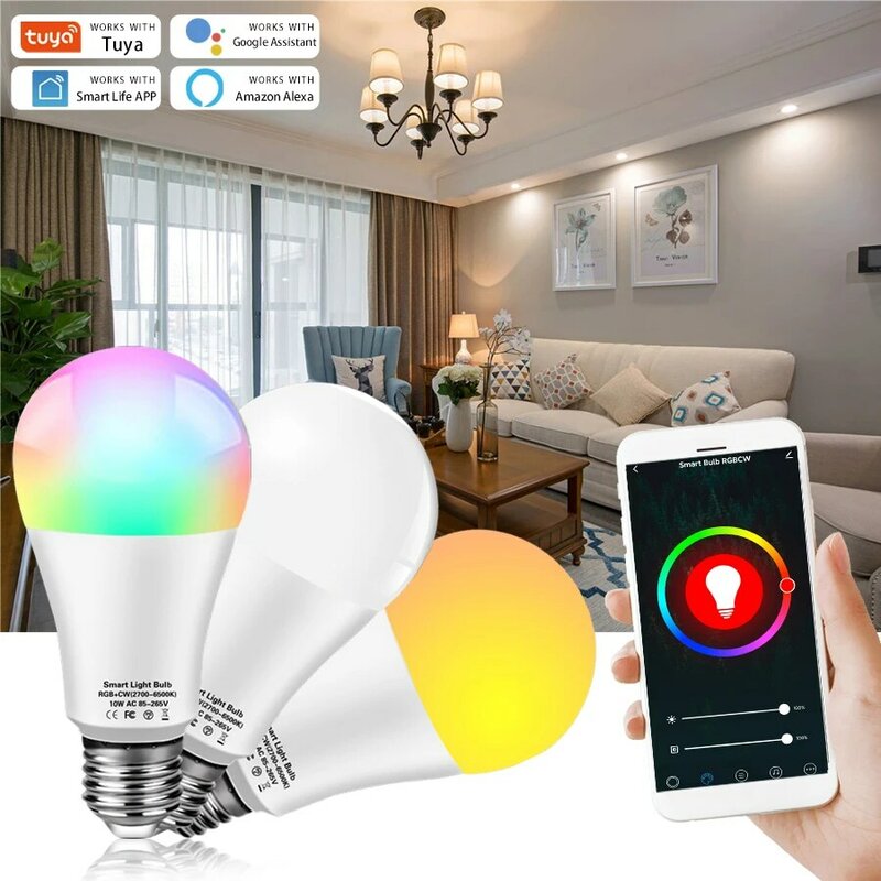 スマート電球e27,Tuya,アプリケーション用,調整可能な調光可能ランプ,Googleアシスタント,10W,12W,15W,wifi