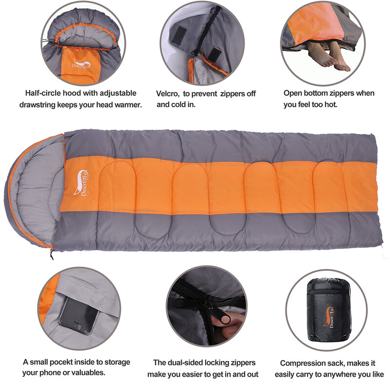 Deserto & fox saco de dormir grande para adultos, 1 peça tipo envelope de inverno, quente, sacos de dormir, cobertor para camping, caminhadas, turística, x cm