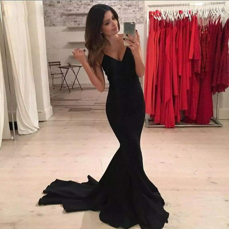 Vestido de baile de sereia preto, 2019, alças espaguete, sexy, decote em v, feito sob encomenda, formal, noite, celebridade, vestido de festa