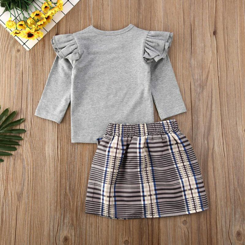 Baby Girl Clothes Girls Warm Fly-Sleeve Long Sleeve Tops Toddler Bow Plaid Skirt Kids Outfit Autumn Winter 2PCS Set