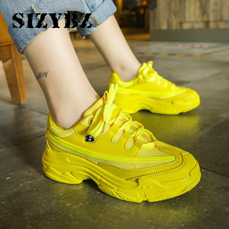 Дышащие кроссовки на платформе, модная летняя обувь, сетчатая повседневная обувь на плоской подошве, мягкие толстые, желтые, оранжевые