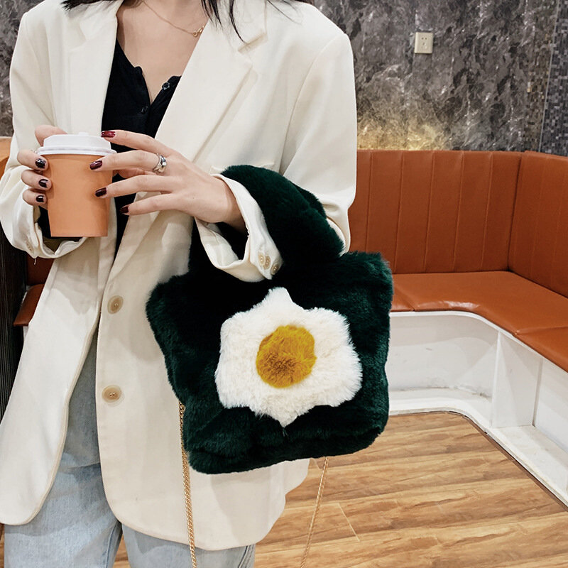 Winter Plush Large Shoulder Bags for Women 2021 New Luxury Handbags Fashion Egg Print Faux Fur Casual Tote Shopper Bag Ladies