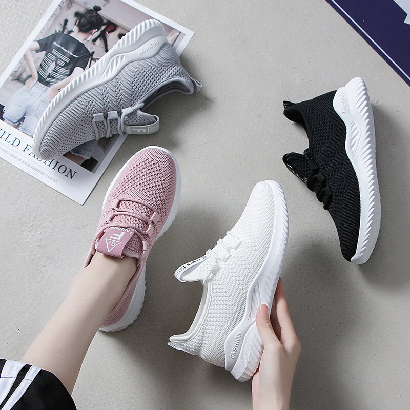 Mesh sports shoes women's spring and summer new fashion running tennis white shoes comfortable and breathable lace-up flat shoes