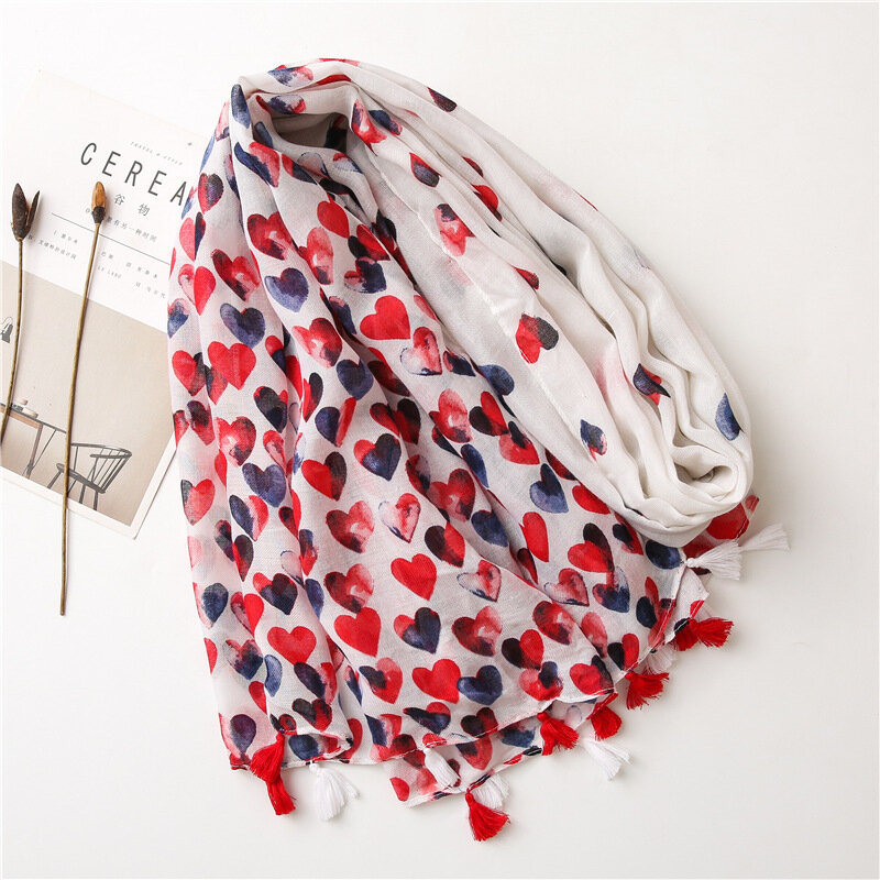 2021 Spring New Sweet Red Love Print Cotton Scarf Women Soft Sunscreen Shawl